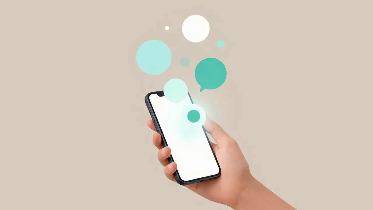 Hand holding smartphone with glowing notification bubbles rising up