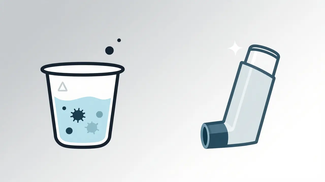 Illustration contrasting nebulizer maintenance risks with inhaler cleanliness