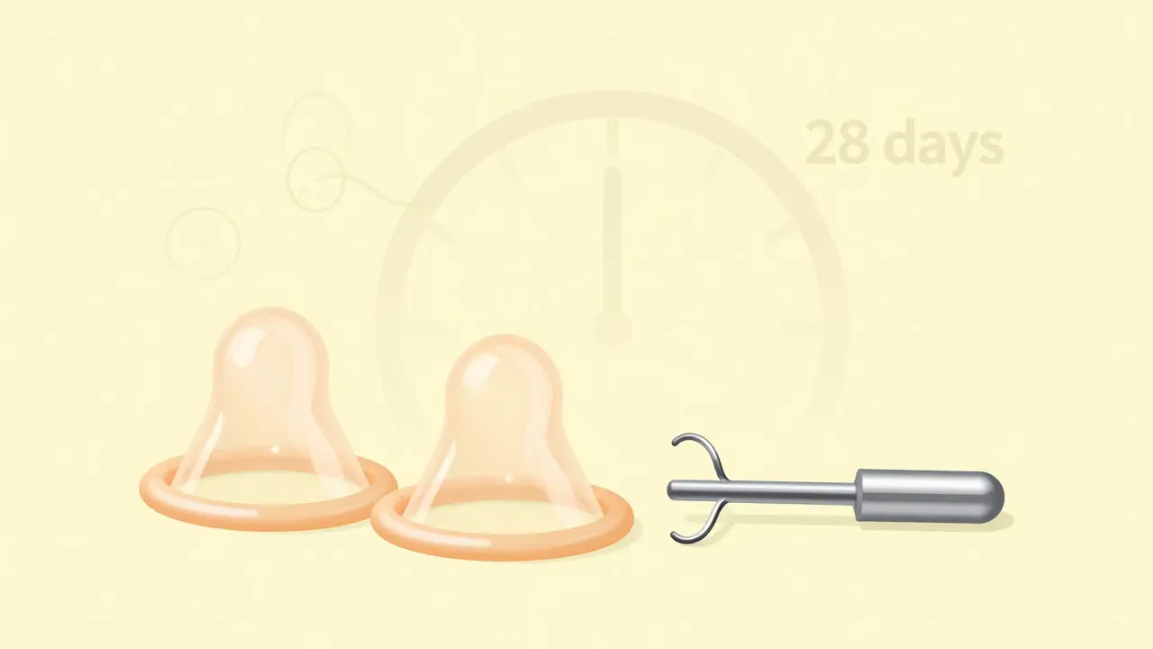 Illustration showing condoms and copper IUD as backup birth control methods.