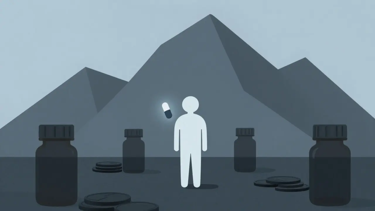 Lonely figure holding one pill surrounded by shadows of debt and empty bottles