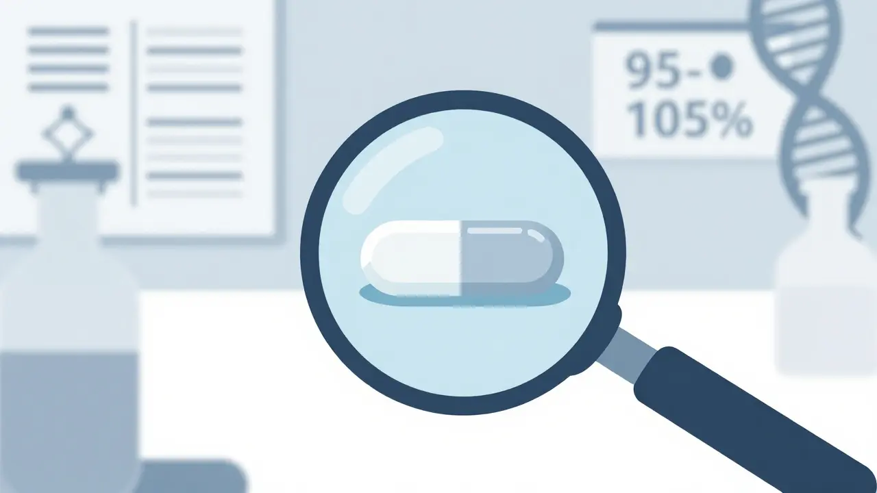 Magnifying glass inspecting a precisely manufactured generic tablet