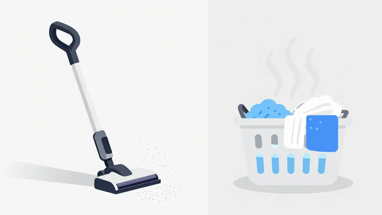 Minimalist illustration of HEPA vacuuming and hot washing to reduce dander