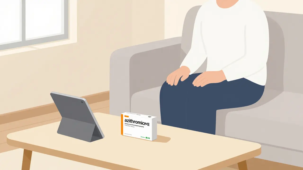 Person relaxing at home with delivered medication package on table