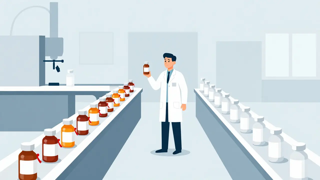 Pharmacist comparing brand-name and authorized generic bottles at a factory.