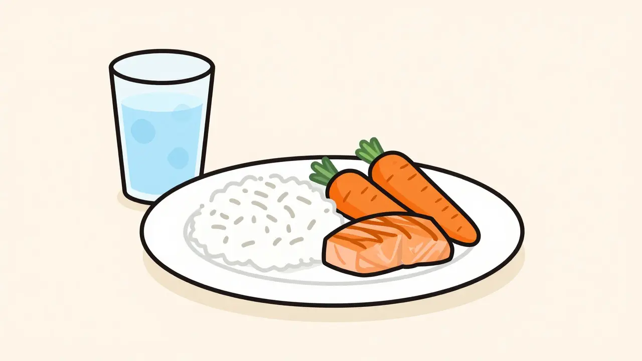 Plate with fish, white rice, and carrots for a renal diet