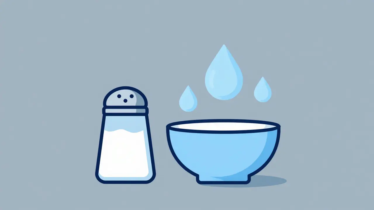 Salt shaker and soup with floating water droplets symbolizing fluid