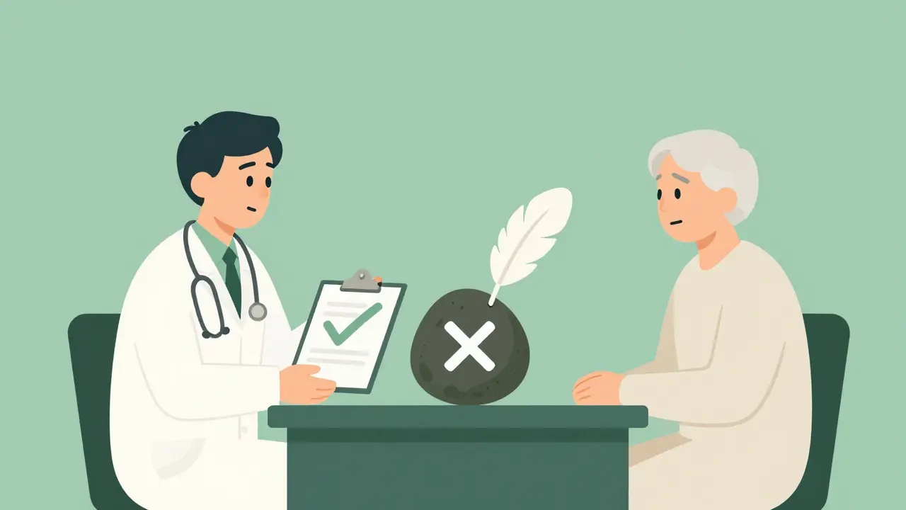 Doctor and patient discussing medication changes with a symbolic exchange