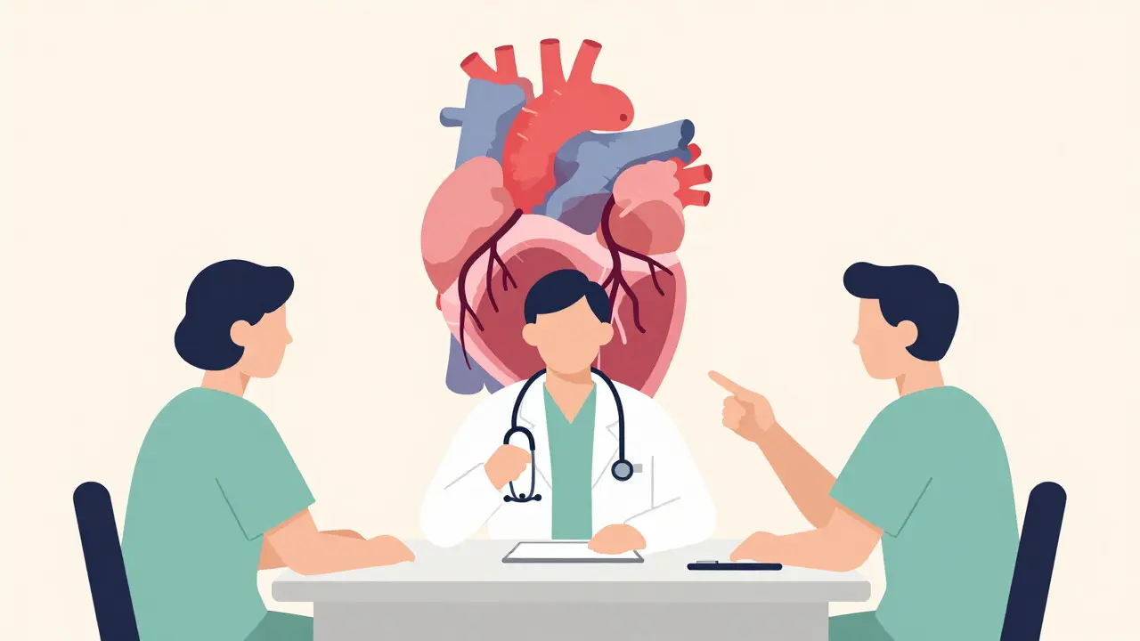 Doctor and patient reviewing a heart diagram during a consultation about treatment options