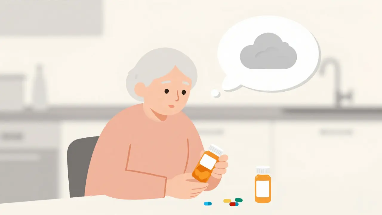 Elderly person at a table with pills and a thought bubble of fog