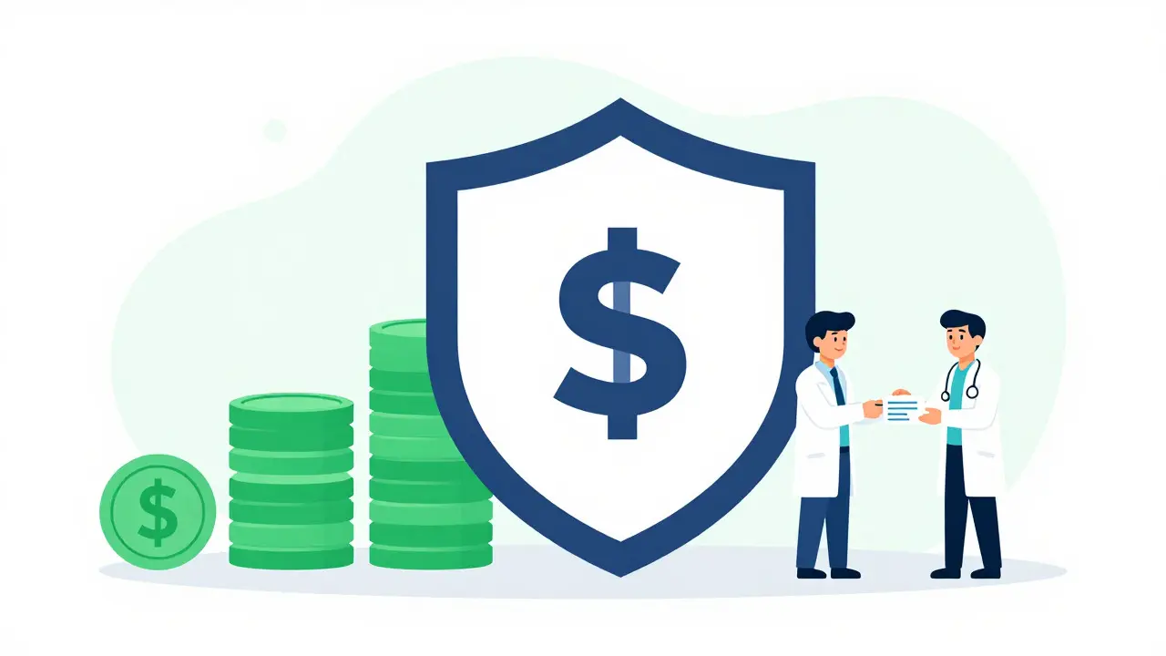 Flat design illustration of a regulatory shield with shrinking coins, depicting FDA approval and healthcare cost savings.