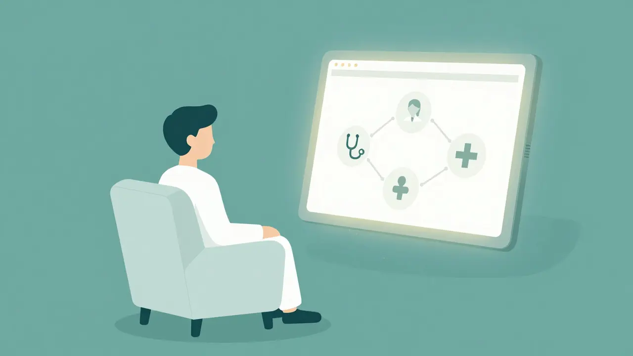 Flat design illustration of person using tablet for online telehealth consultation