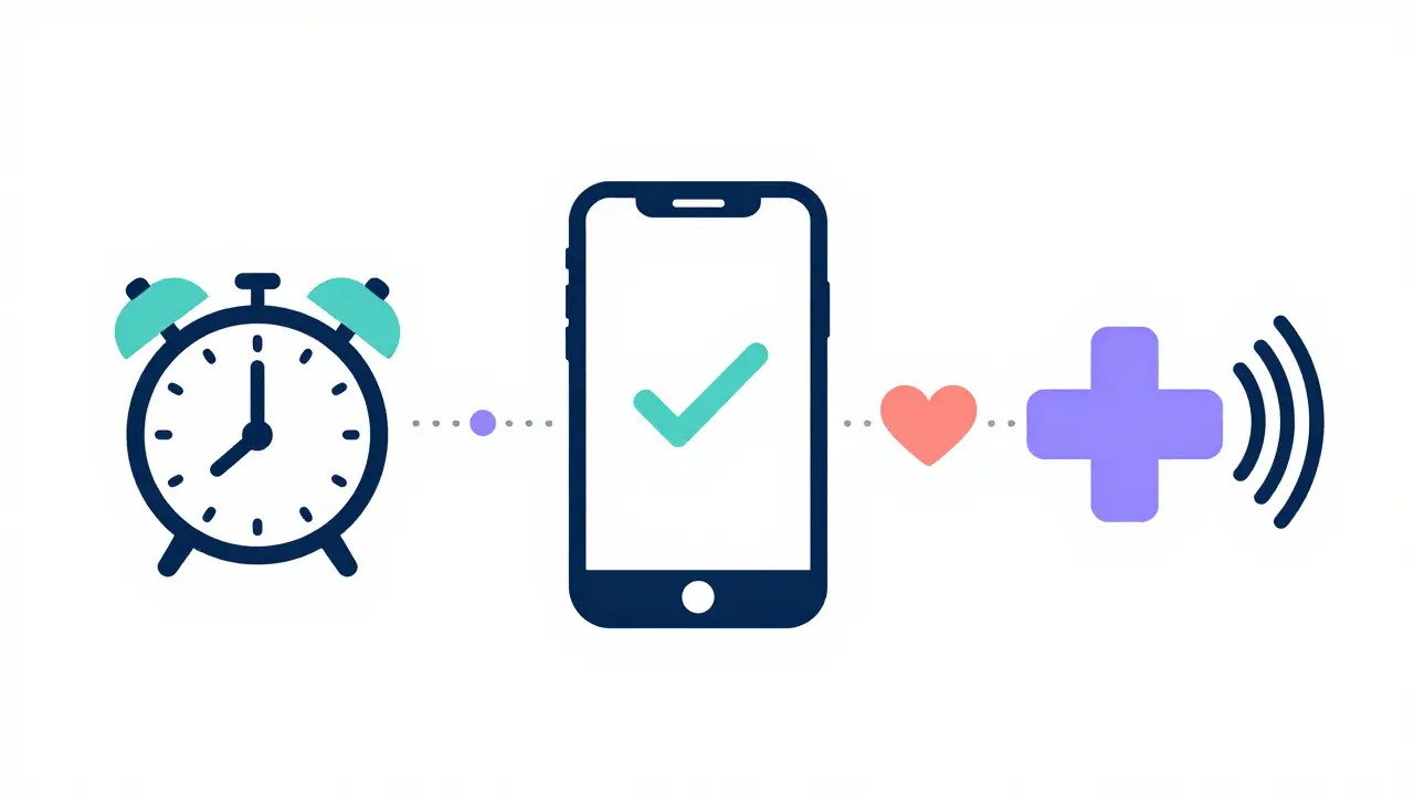Icons for alarm, app, and SMS connected to a heart symbol