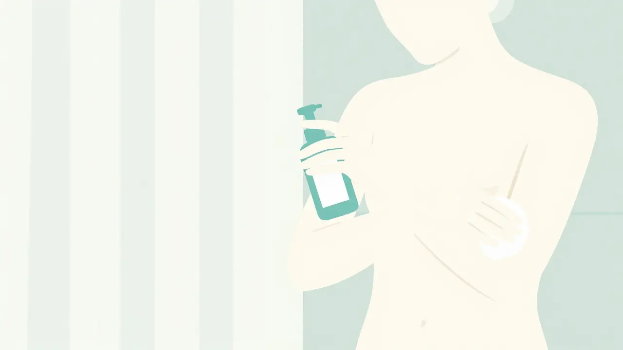 Person applying moisturizer to arms in a minimalist bathroom setting