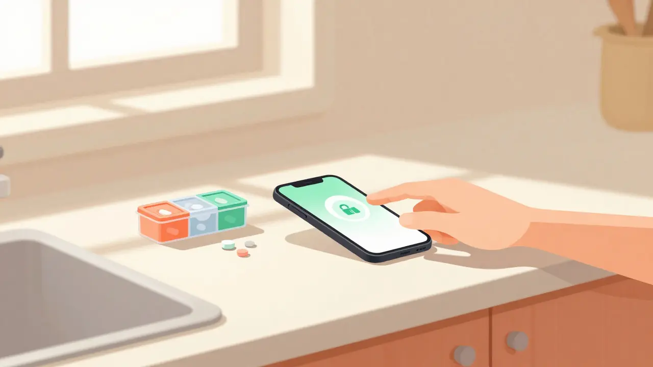 Pill organizer and smartphone on a sunlit kitchen counter