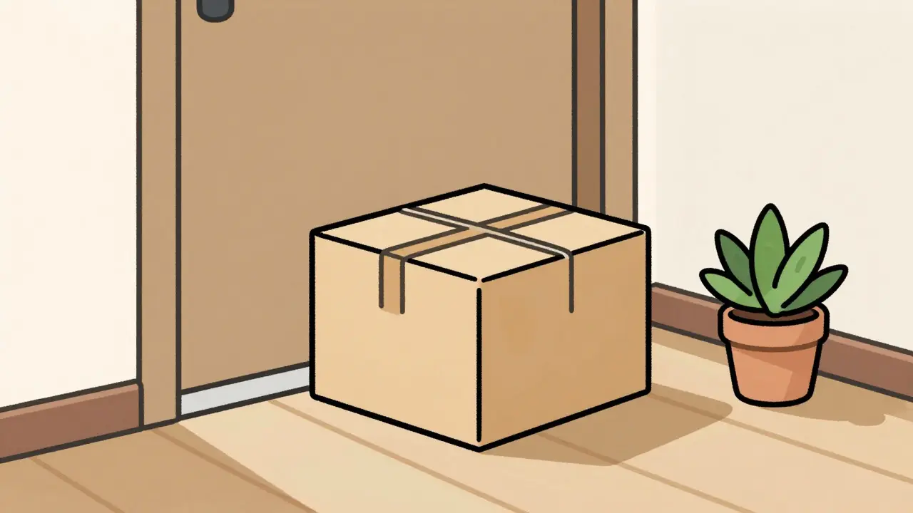 Simple illustration of a discreet medication package delivered to a doorstep