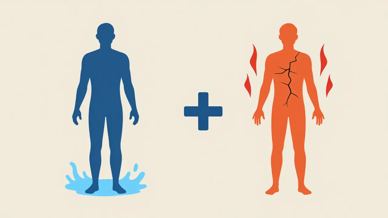 Split illustration showing swelling vs dehydration in kidney patients
