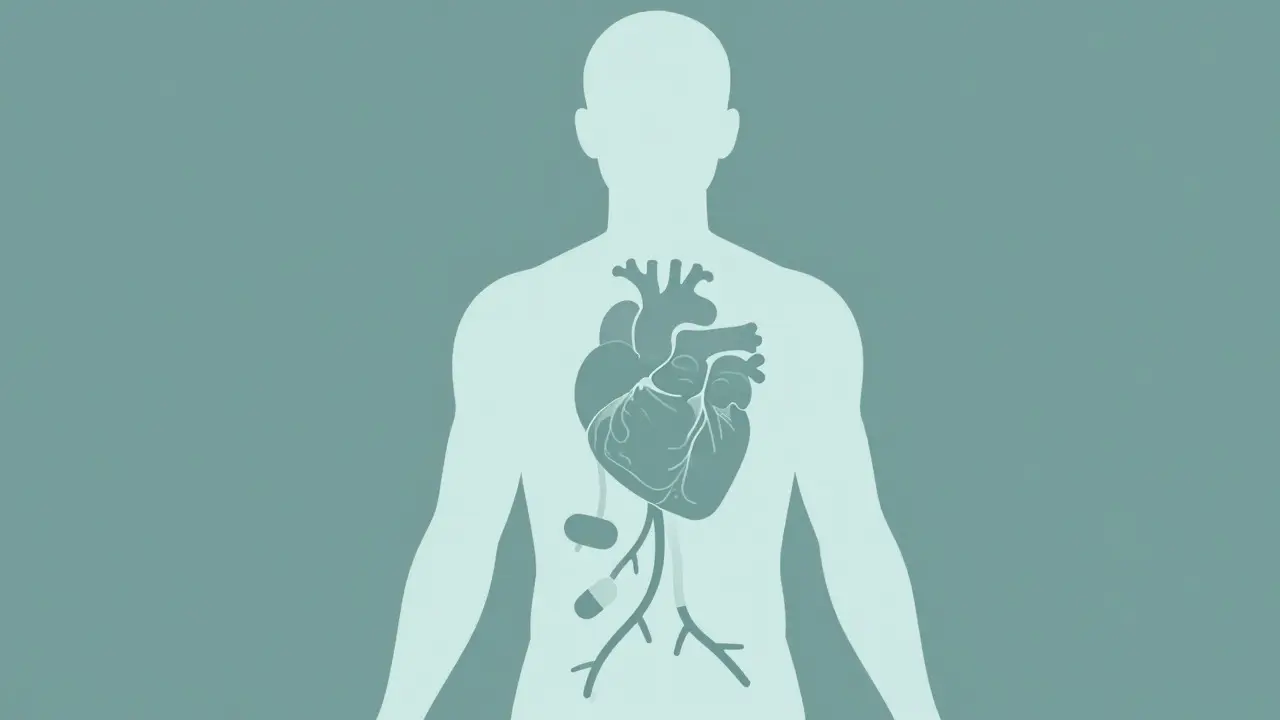 Stylized human body with steady medicine flow indicating treatment stability